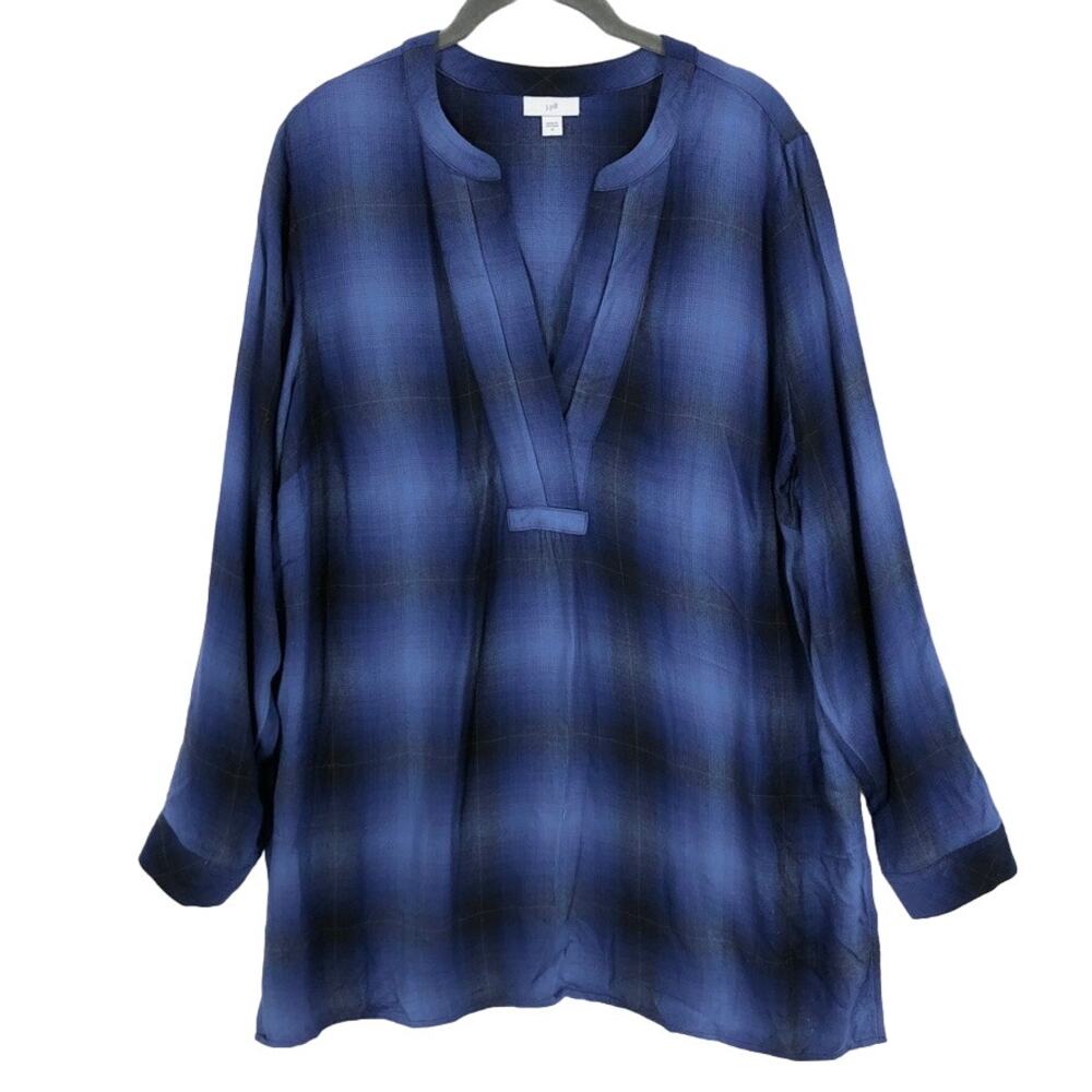 J.Jill Flannel Top Tunic Womens Medium Blue Black Plaid V-Neck Long Sleeve Rayon